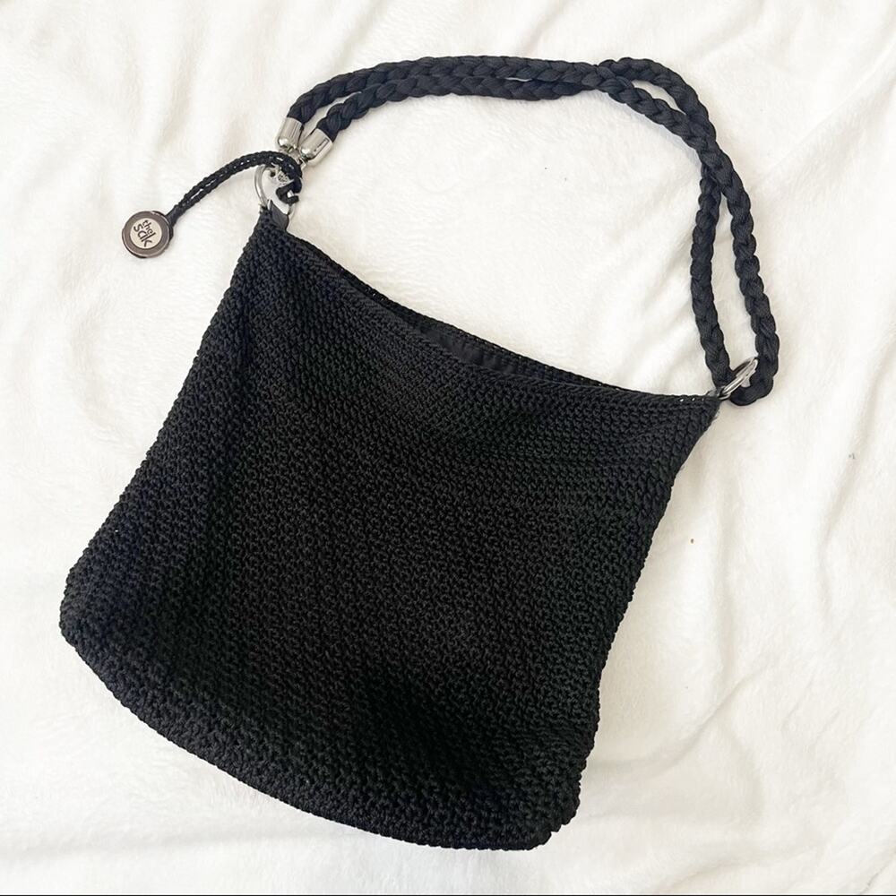 The Sak black crochet sack purse hobo shoulder crossbody braided rope